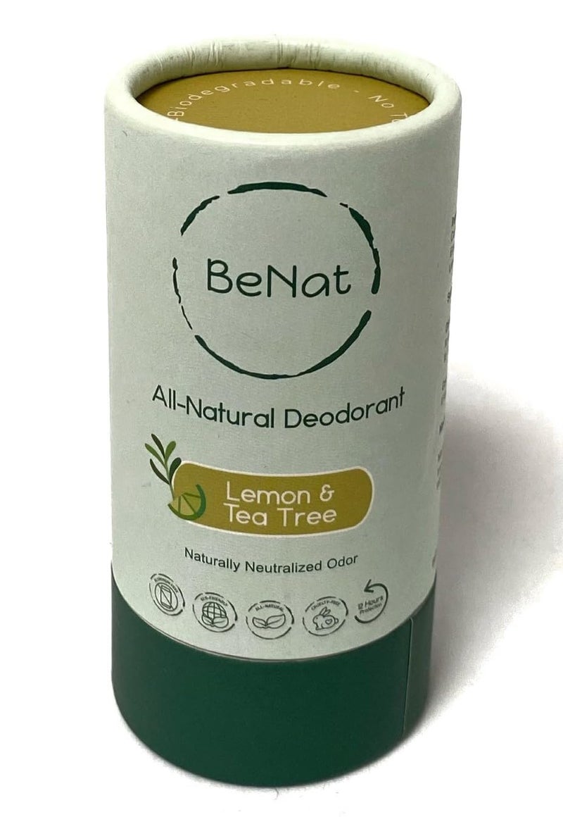 BeNat All Natural Deodorant Plastic Free For Women & Men Aluminum Free, Gluten Free & Cruelty Free 24 Hour Long Lasting Protection Zero Waste Eco Friendly Lemon & Tea Tree 3 oz. - Image 1
